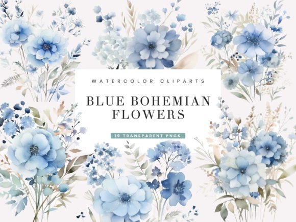 Download Watercolor Blue Bohemian Flower Clipart - Flow Collection