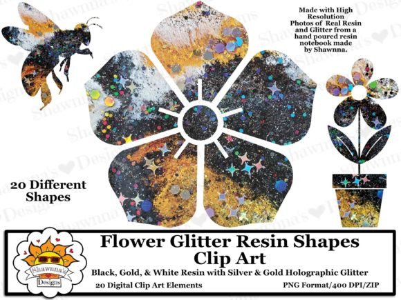 Download Black Gold Glitter Resin Flowers Clipart - Flow Collection